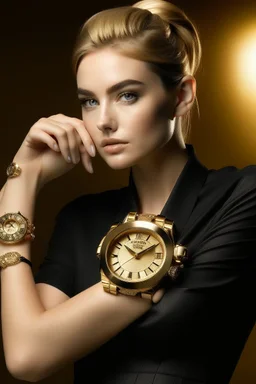 Generate an image composite featuring a well-known celebrity or influencer wearing a solid gold watch, associating the timepiece with a glamorous lifestyle.