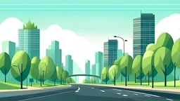 City landscape, road, trees, lights, modern flat style, skycrapper panorama, daylight