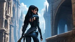 Exotic sci-fi skinny girl, with long dark hair, in an alien city, tall spires, buildings, bridges, and arches