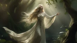 Female figure with flowing, ethereal robes and long, wavy blonde hair appears to be floating in a mystical nature-inspired setting with trees and other organic elements in the background