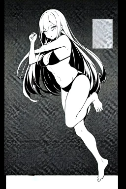 bikini long hair thin girl with leg in abyss pool, greyscale, sexy pose, screen tones