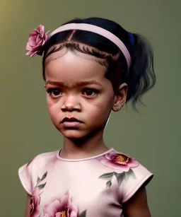 Rihanna toddler, full height, floral dress, soft skin, dramatic lighting, hyper realistic