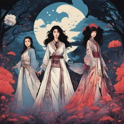 [american gods] three 3 Zorya sisters: Zorya Vechernyaya, Utrennyaya, Polunochnaya (dark magic, danger, stress), comic book style elements. The illustrations are in a square aspect ratio, with a low angle and wide-angle lens effect, blending cartoon, anime, fairy tale, and ukiyo-e styles. The images focus on line art and high contrast, digital concept art piece.