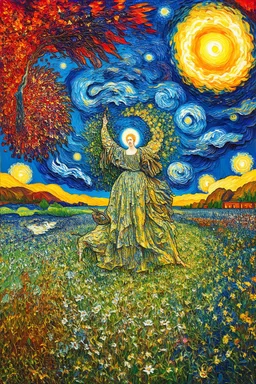 abundance pouring to every corner of the earth; a mashup of the styles of Da Vinci and Van Gogh