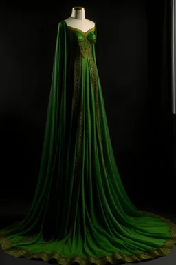 Designing an evening dress for a wedding for a veiled girl with a loose veil. The veil covers all parts of her hair and falls off her shoulders. Arabic features. The veil is made of dark olive satin, the darkest shade of green, devoid of any patterns or decoration. The dress is made of soft, silky satin, olive in color, tending to olive. The dark one is embroidered in a thin style from the waist, chest, and even the bottom of the dress. It shines from crystals and brilliant diamonds. The backgro