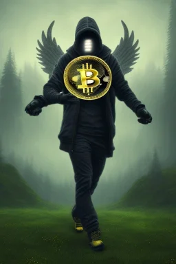 running berserker portrait , no face, black jogging suite , in the night Alps , holding bitcoins , angels background, volumetric gold light, high detail, dark leaf tree, dark mountains in background, perfect