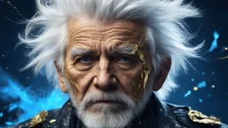 Old Punk 60 years old, portrait, white hair, blue background, gold and silver fragments and particles, glow, glare, old torn cracked canvas, mystical, fine rendering, high detail, sharp focus, 8K