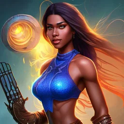 Full body, heroic fantasy, woman, dark skin, Indian, 20 years old, half-hawk haircut, magician, warrior, hourglass body shape, bicolor hair, muscular