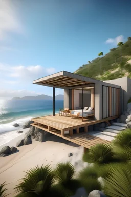 Casa de playa pequeña de una planta moderna y con un diseño amigable con el paisaje, en una montaña con vista al mar, que tenga vibras relajantes , donde se pueda hacer yoga, hacer una fogata. con una tina