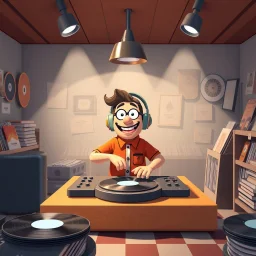 3-d render cartoonish classic inside a dj vinyl record shop record store