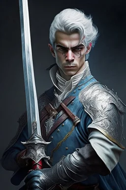 european gray hair young adult royal guard swordsman with rapier duelist