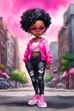 create an watercolor painting illustration of a chibi cartoon voluptuous black female. Wearing a tye dye blouse and tight black jeans with hot pink Nike sneakers. Prominent make up with hazel eyes and she is wearing pink glasses. Extremely Highly detail of a very low platinum shiny black pixie haircut. Background of a busy city street. 2k