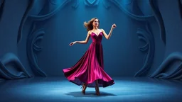 modern stage with gray-blue theme artistic decoration , color full dynamic lighting, a beautiful lady in modern maxy dark purple red dress with shining silver jwells dancing, 3D recursive fractal structure animating background