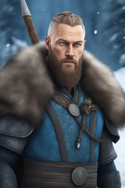 Ragnar Lothbrok in 8k cartoon artstyle, blue eyes, Bald, beard, tattoos, winter, close picture, highly detailed, high details, detailed portrait, masterpiece,ultra detailed, ultra quality