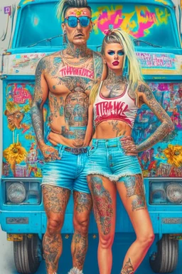 Artwork Entitled "Homo Consumerist" featuring a Trailer Park God And Goddess Covered In Brand Tattoos With Giant Logos All Over Their Clothes; Pop Art; Renaissance Trailer Trash Painting; Insanely Detailed; award-winning; portfolio piece