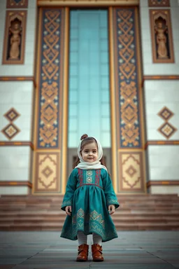 a little girl that is standing in front of a building, a picture, arabesque, !8k!, kazakh, insanely cute, amazing cgi, kurdistan, adorable outfit