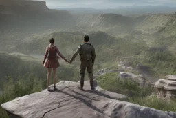 Only one guy and a girl are standing on the edge of a cliff and holding hands