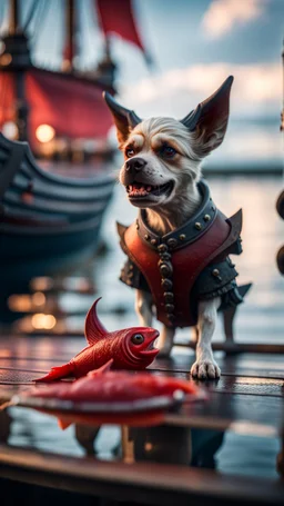 portrait of a vampire humanoid dog sucking the blood of fish on a viking ship, on a glass pier ,bokeh like f/0.8, tilt-shift lens 8k, high detail, smooth render, down-light, unreal engine, prize winning