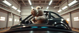 car driving happy 2d neon fluffy orc wheel test dummy hippo hobbit in the style of Escher and Giger and Fallout 4, pinhole cam, airbrush 3d rendering, on tv screen:A five-second cinematic single take in a clean industrial presentation hall.