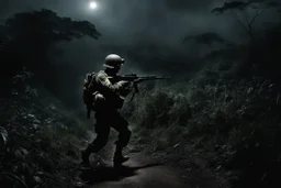 Spectral ghost of a headless soldier carrying a Thompson machine gun through the Congo at night