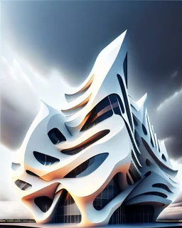 Isometria edificio estilo Zaha Hadid, arte digital, calidad ultra, nubes, personas, 8k 3D, fondo claro