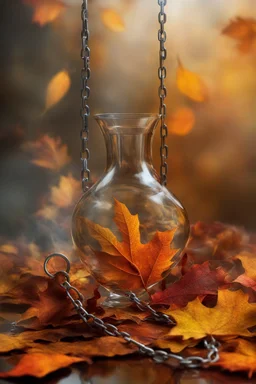 Beautiful background with autumn leaves, glass, reflections, smoke and chains, abstract and combined together