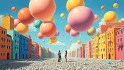 The image is a surreal painting of a cityscape with a variety of colorful buildings on either side. The buildings are made up of different shades of blue, orange, pink, and yellow, creating a vibrant and lively atmosphere. The sky is filled with large, colorful balloons that are floating above the buildings. The ground is covered in small rocks and pebbles, and there are two people standing in the center of the image, one of them is holding a stick and the other is looking up at the sky. The ove