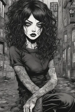 create a full body portrait horror illustration of a dark haired, savage, gothpunk vampire girl with highly detailed , sharply defined hair and facial features, in a chaotic, turbulent, otherworldly London in the manga style of Junji Ito, precisely drawn, inked, with dramatic edges,