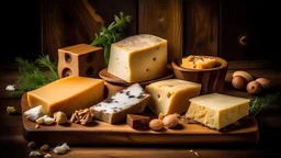 Different types of sarah on a wooden background. Assortment of cheeses. Side view.