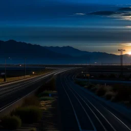 night time, a lonely highway, leading to a beautiful city in the distance. Behind the city is a mountain range with the sun rising