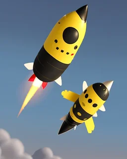 The pet has a black head with a yellow dot and rides on top of a rocket flying in the sky