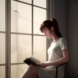 Study girl read a book in by the window, movie, real photo realistic, unreal engine, cinematic lighting --ar 1:1 creative