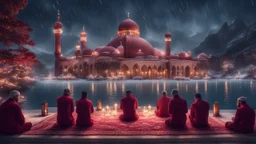 Hyper Realistic Photographic-View of few men praying outside a Huge-Beautifully-Crafted-Maroon-Mosque decorated with garland-lights & lamps between an island with ocean-water-waves & mountains around at snowfall-night with dramatic-&-cinematic-ambiance