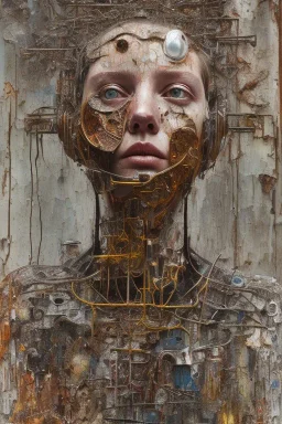 an abstract painting uma fridman, by anselm kiefer and lucian freud, rust, scaffolding, iron cladding, decay, mixed media, textured, anatomically correct, beautiful perfect face, sharp focus, highly detailed, cyberpunk