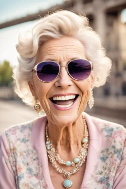 an happy older woman wearing sunglasses, vintage pastel outfit, and a necklace. She has a wide smile on her face and is laughing, in background blur bridge, natural light , high detailed, sharp focus, photorealistic, happy mood