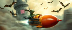 hairy macho gremlin octopus lizard aliens living in a hi tech marvellous hot dog rocket with a mounted sling shot, heading for venus stone castle, background motion blur and smoke swirls, and cheeky bats