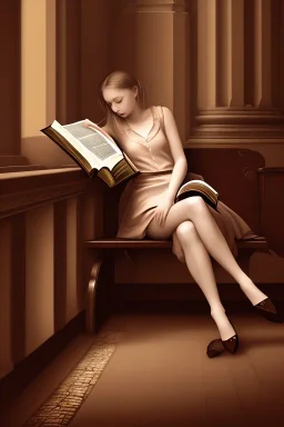 girl sitting in a church pew, reading the holy bible