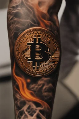 close view of a man's arm that has just been tattood by a branding iron, the branding tool just lifted up from the skin and the tattoo is hot and still smoking from the heat, the tattoo is a Bitcoin symbol. Hyper realistic, 8k, realistic