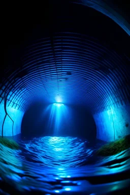 the inside of a well. under the water and looking up at the well. Everything is blue light