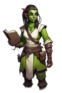 Dungeons and dragons half orc girl. She has green skin and pointy ears. She is kind and happy. She carries a book and wears tavern keeper clothing. Realistic style