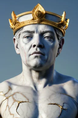 Ultra Realistic image, classic sculpture, white marble material, Maradona, gold crown of natural thorns, god crown, gold veins, gold ornaments, sun rays background, waist up portrait, epic, celestial, cinematic lighting, God lights, 4k resolution, smooth details, soft lighting, unreal engine 5, art station, substance 3d.