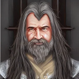 dnd, dwarf, priest, heavy armour, portrait, only face, close up, grey beard, long hair, artistic, colourful, frowning