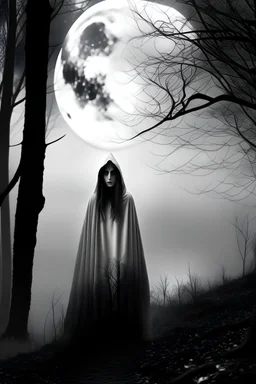 scene, black and white, forest fog, superbig full moon, moon is a center of image, tim burton character, woman wiht cape and hood, woman stand up on spiral rock, face woman sad, super big eyes, circles eyes, super hero