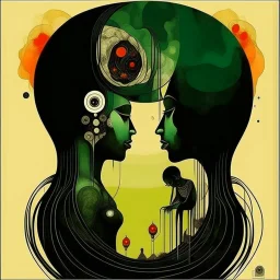 Negotiating dream frequencies culminating in a fetal zomboid absurdity, by Gabriel Pacheco, ink illustration, Green and black color scheme, abstract surrealism, art nouveau