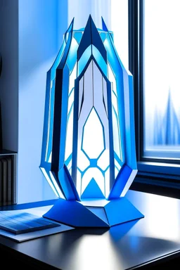 gaming table lamp inspired by dubai tower buliding architecture futuristic-modern stlye. geometric form, blue and white color scheme