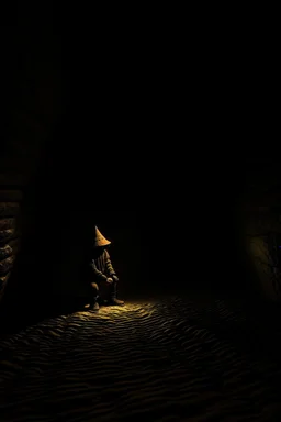 character in semi-darkness, on the scree cone of an underground room dimly lit by daylight coming from a well located forty meters above.