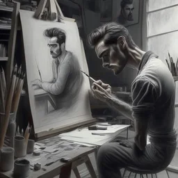 man in a art studio, realistic drawing