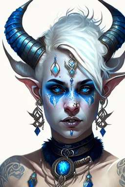 A young tiefling woman with a set of ram horns on her head encrusted with jewels, White-Blonde, short hair, black eyes, dressed in white and blue with lots of jewelry, beautiful, tattoos on her neck