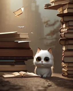 Cute small humanoid cat and a lots of books, unreal engine, artstation, hyper-detailed, digital painting, crisp quality, cinematic, character design by mark ryden and pixar and hayao miyazaki, unreal 5, daz, hyperrealistic, octane render