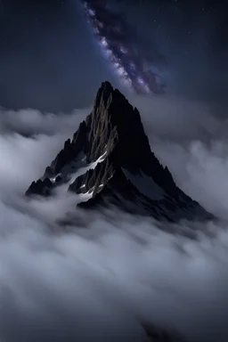 one single mountain sharp face rises out of the mist into the night sky.